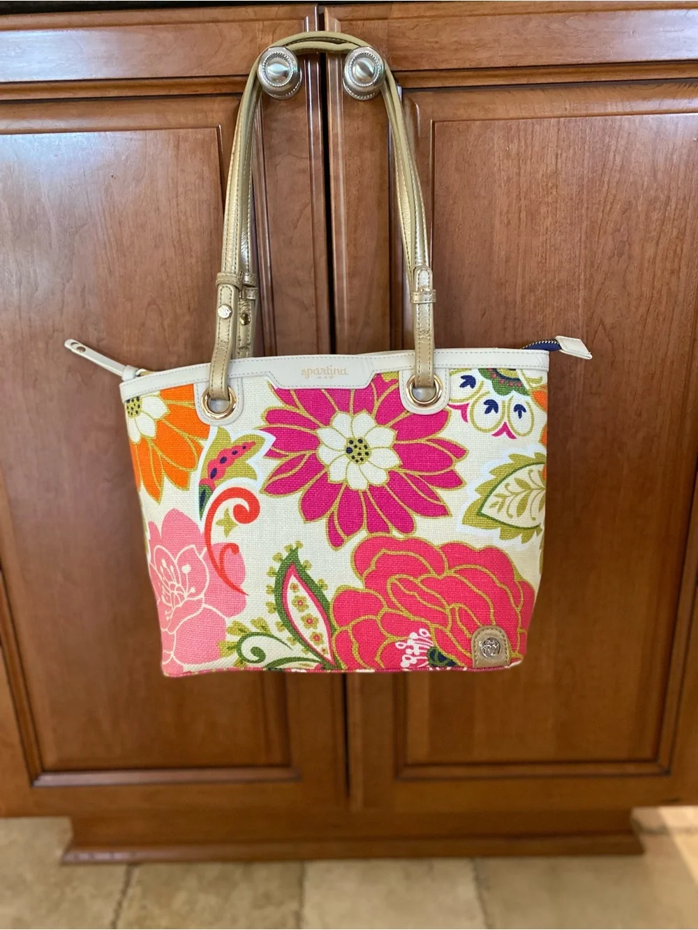 Spartina 449 Floral Canvas Tote in Pink Multi with Gold Handles